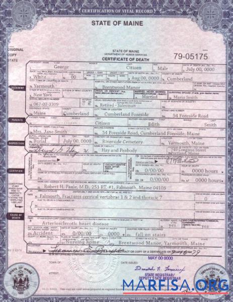 Realistic USA Maine state death certificate template in PSD format
